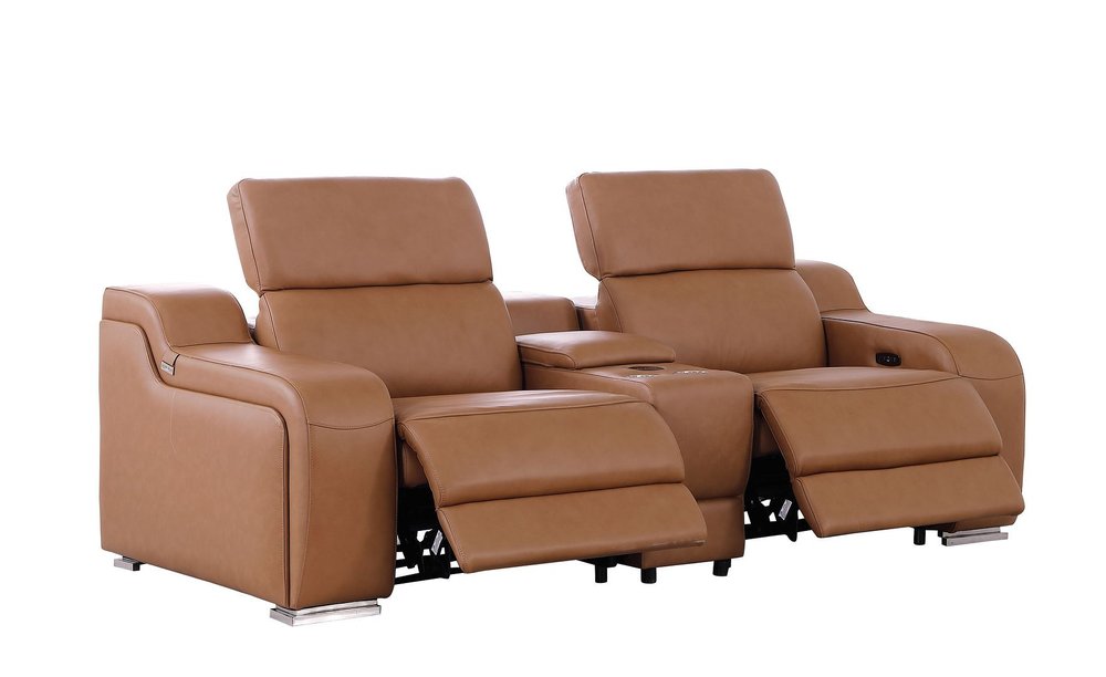 89" Cognac and Silver Italian Leather Power Reclining Loveseat With Storage