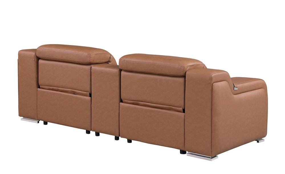 89" Cognac and Silver Italian Leather Power Reclining Loveseat With Storage