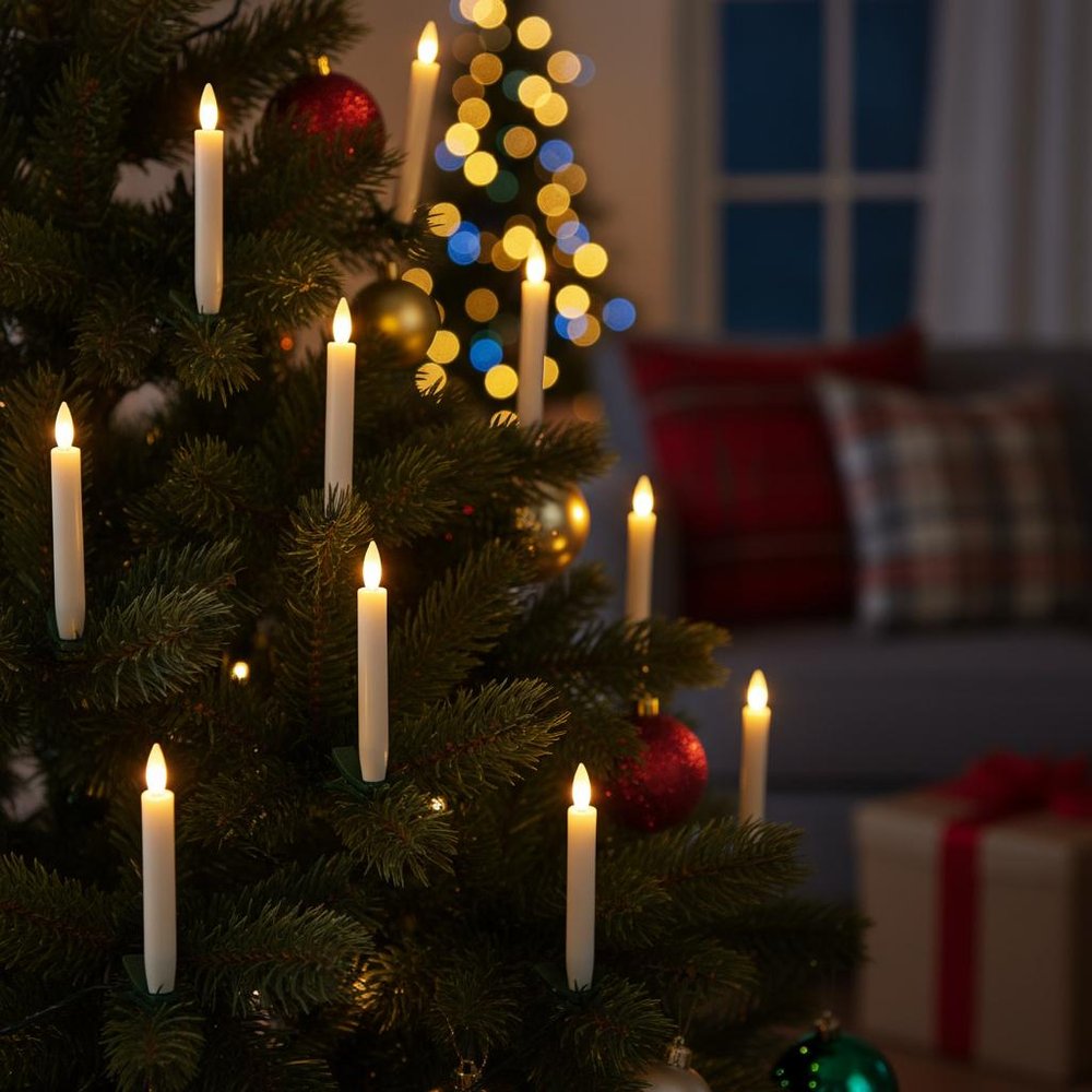 Set of Ten Beige Flameless Clip-On Christmas Taper Candles