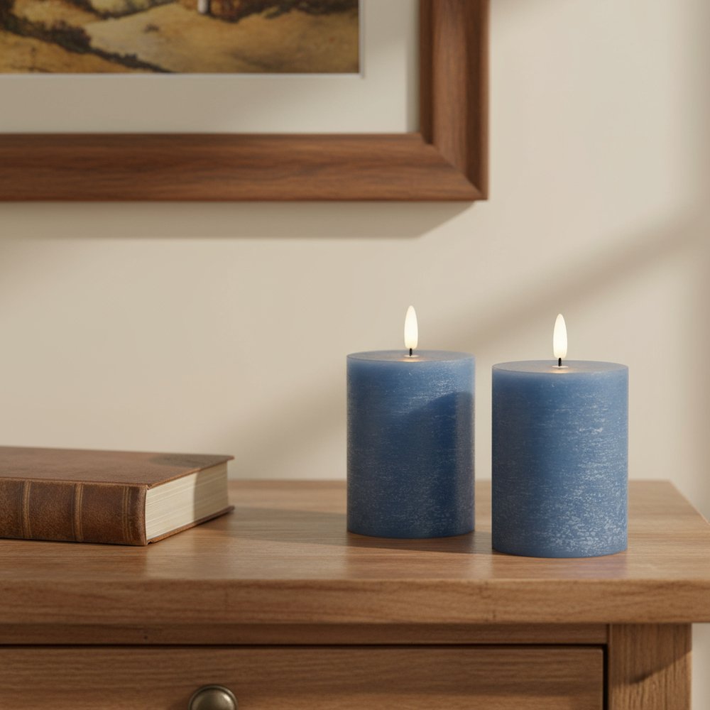 Set of Two Blue Unscented Candle Flameless Pillar Candles