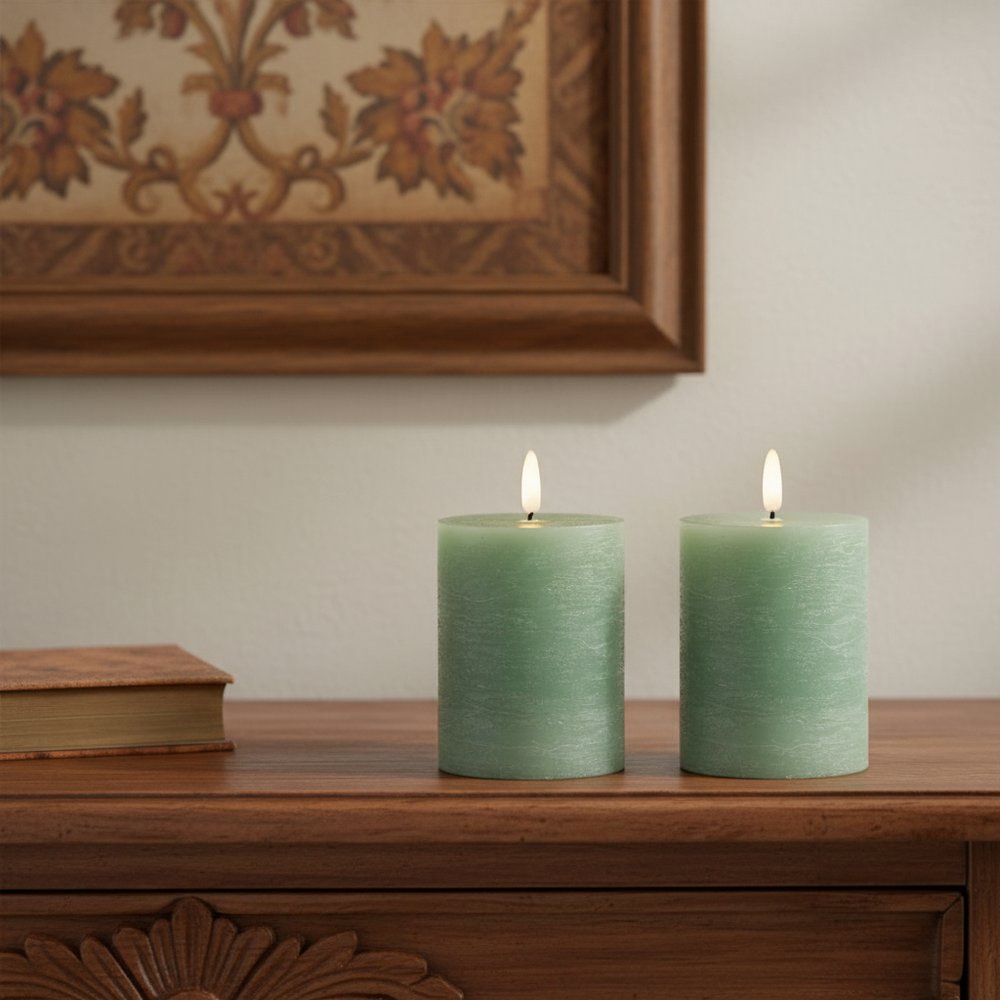 Set of Two Green Unscented Candle Flameless Pillar Candles