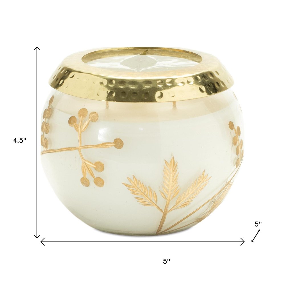 5" White Juniper Scented Two Wick Candle In Clear And Gold Glass Leaf Holder