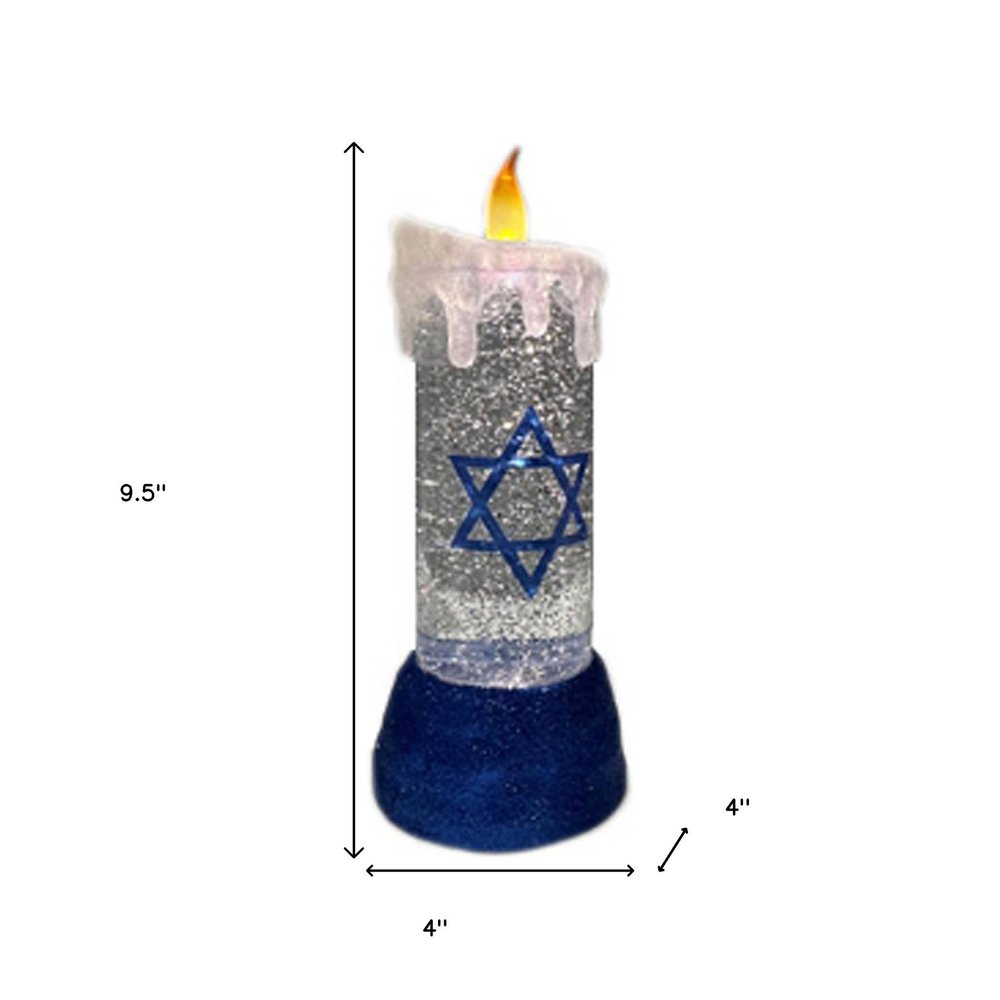 10" Blue And White Flameless Hanukkah Pillar Candle With Snow Globe