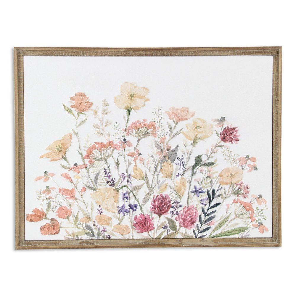 24" X 32" Natural And White Flower Bouquet Metal And Wood Framed Art