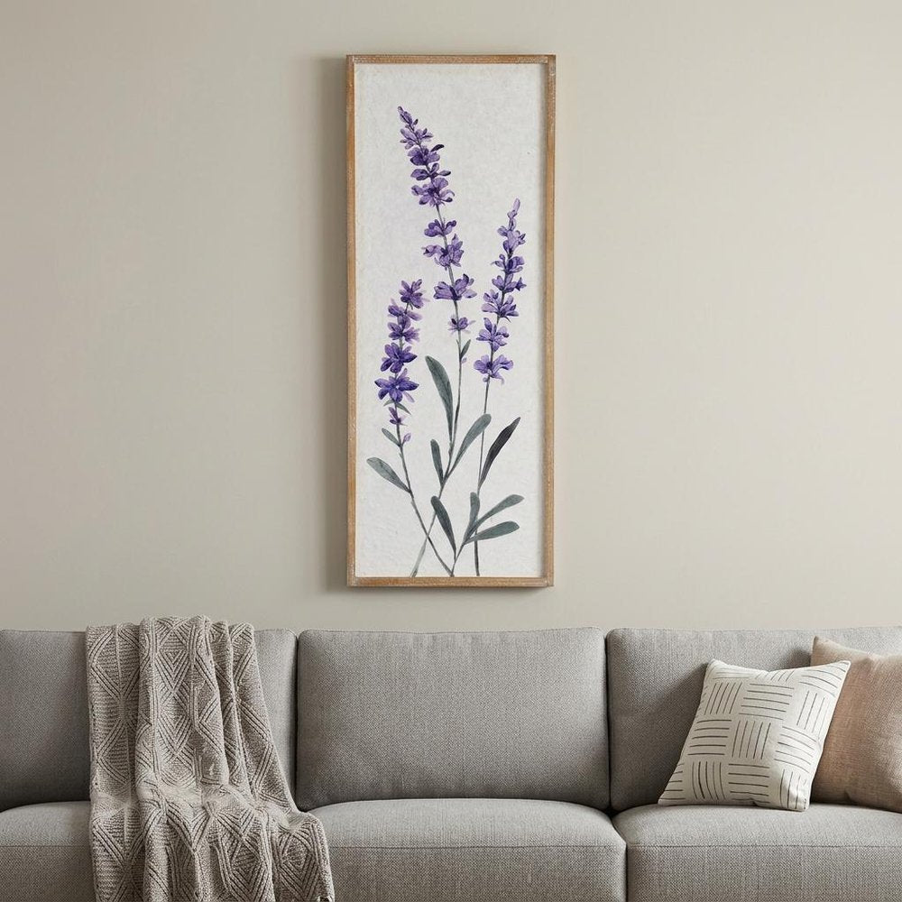 32" X 12" Natural White And Lavender Floral Wood Framed Art