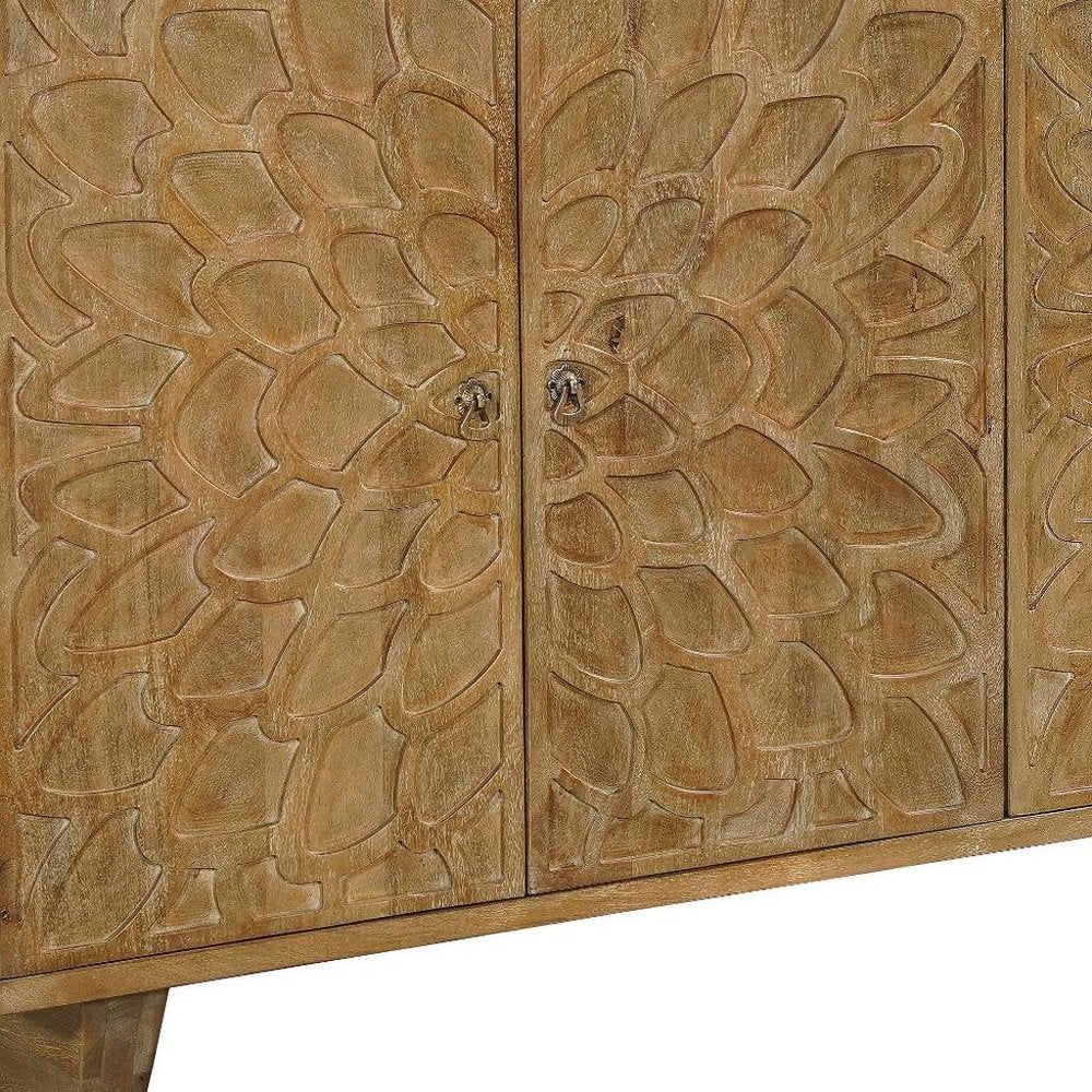 70" Brown Distressed Solid Wood Carved Floral Sideboard with Four Doors