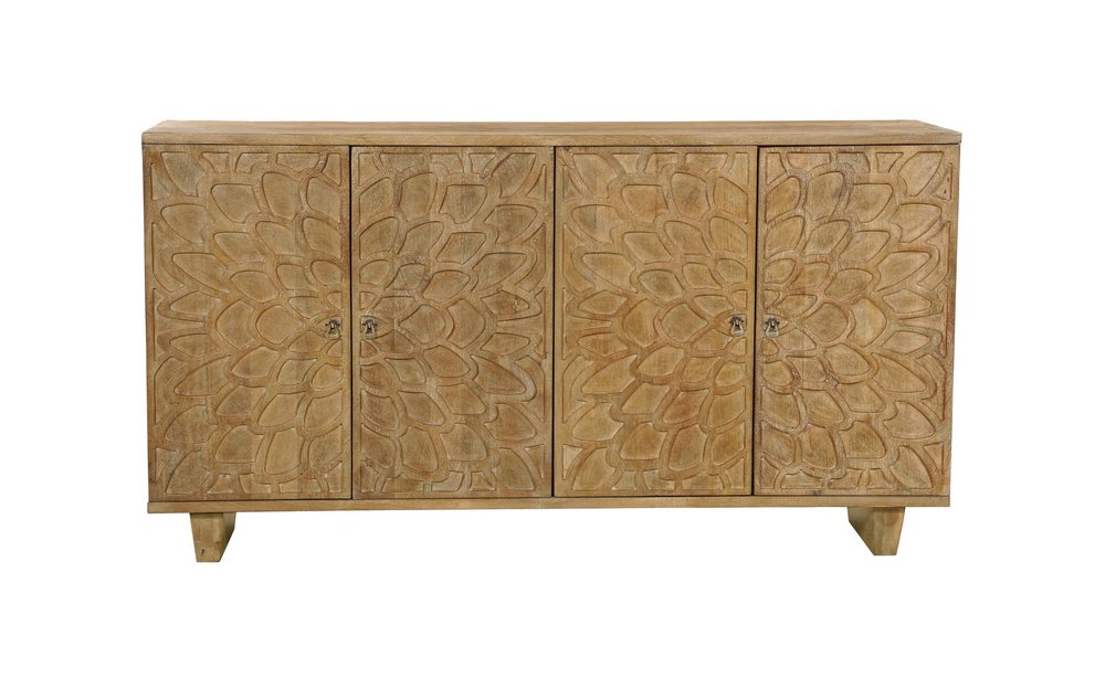 70" Brown Distressed Solid Wood Carved Floral Sideboard with Four Doors