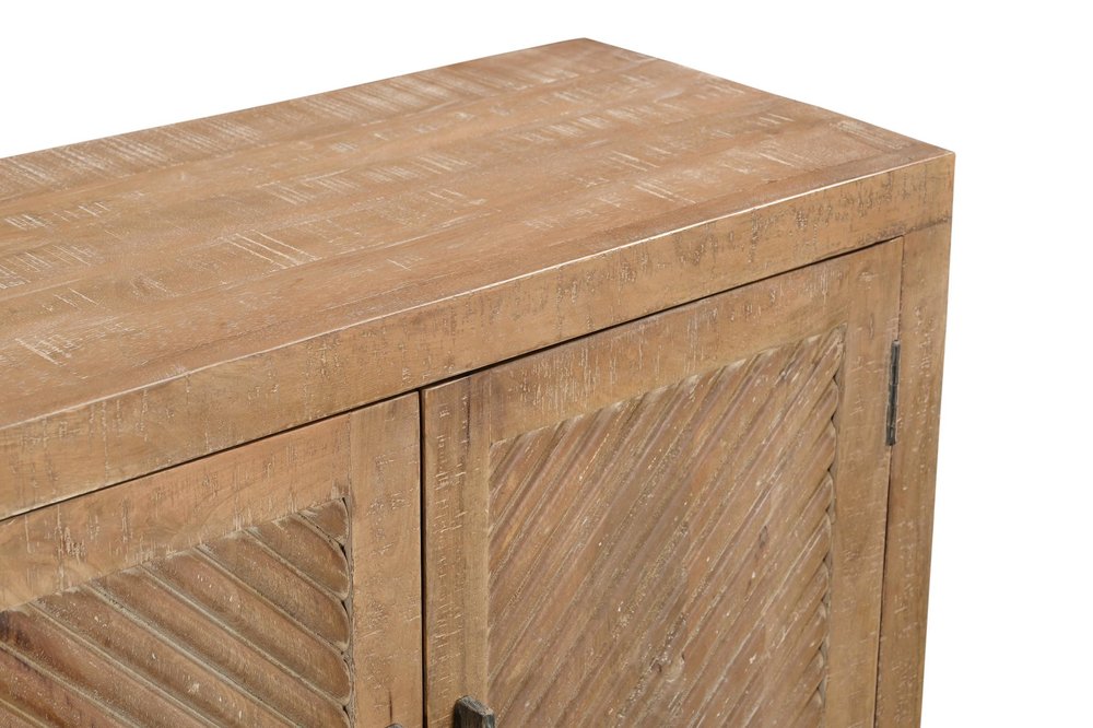 72" Natural Distressed Solid Wood Carved Geometric Sideboard with Four Doors