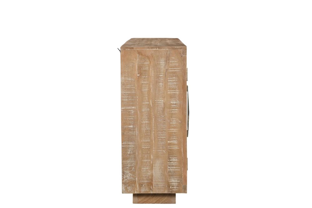 72" Natural Distressed Solid Wood Carved Geometric Sideboard with Four Doors