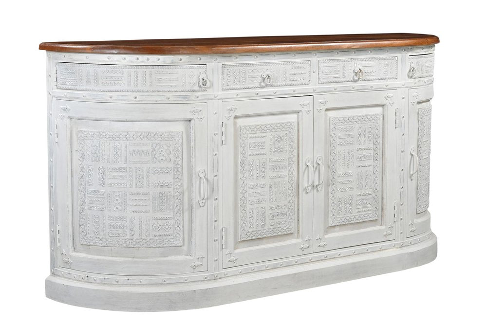 69" White And Brown Solid Wood Carved Geometric Four Drawer Four Door Sideboard