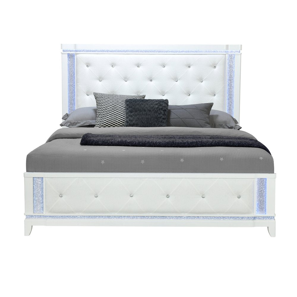 White Faux Crystal Bling Wood And Tufted Cotton Lighted King Bed Frame