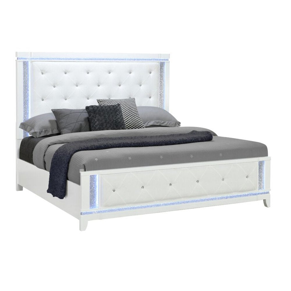 White Faux Crystal Bling Wood And Tufted Cotton Lighted King Bed Frame