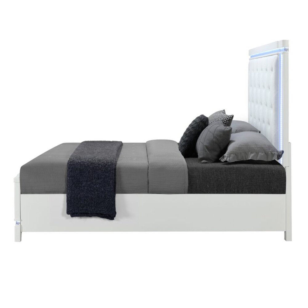 White Faux Crystal Bling Wood And Tufted Cotton Lighted King Bed Frame