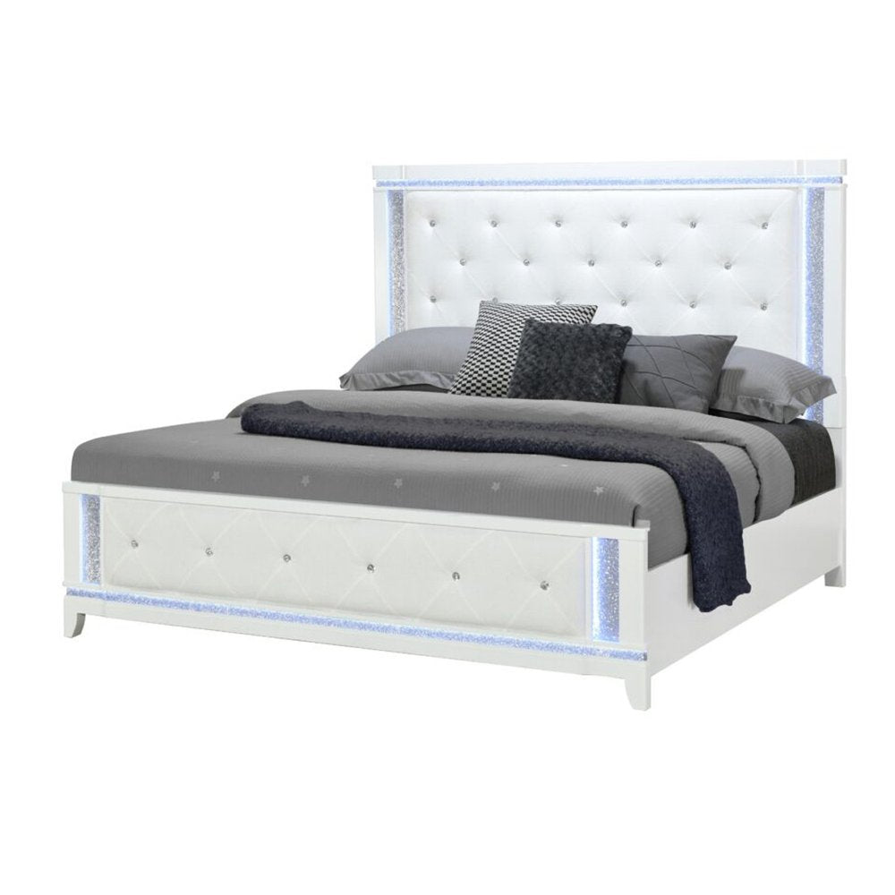 White Faux Crystal Bling Wood And Tufted Cotton Lighted King Bed Frame