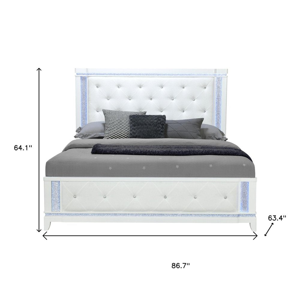 White Faux Crystal Bling Wood And Tufted Cotton Lighted Queen Bed Frame