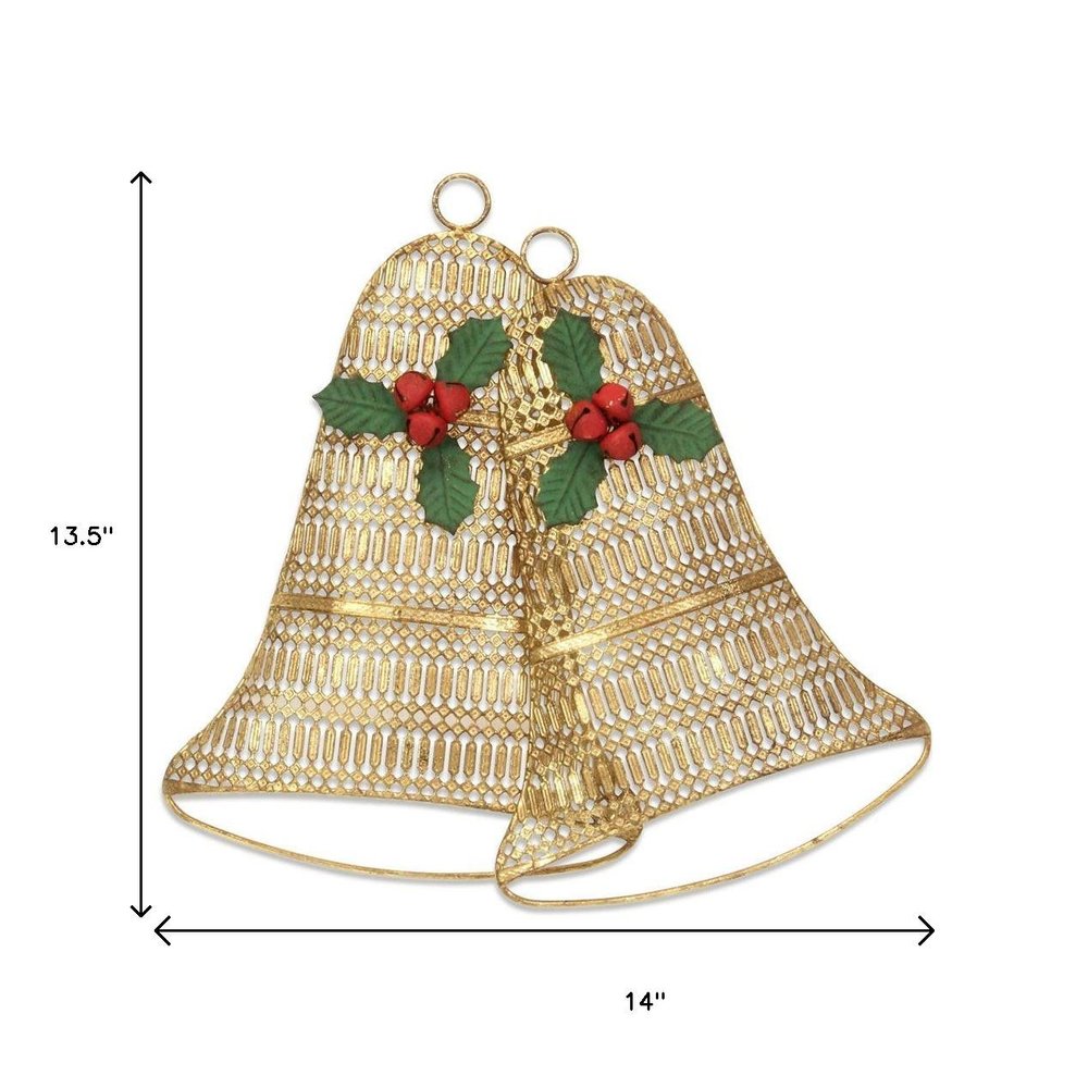14" X 14" Gold Metal Christmas Bells Hanging Dimensional Sculpture