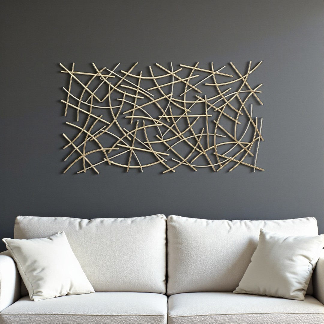 24" X 44" Gold Abstract Lines Metal Hanging Dimensional Sculpture
