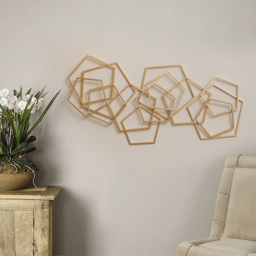 24" X 48" Gold Metal Abstract Lines Hanging Dimensional Sculpture