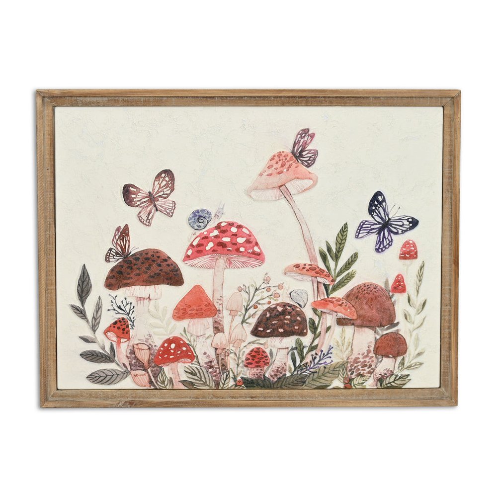 20" X 26" Natural And White Butterflies and Mushrooms Metal Framed Art