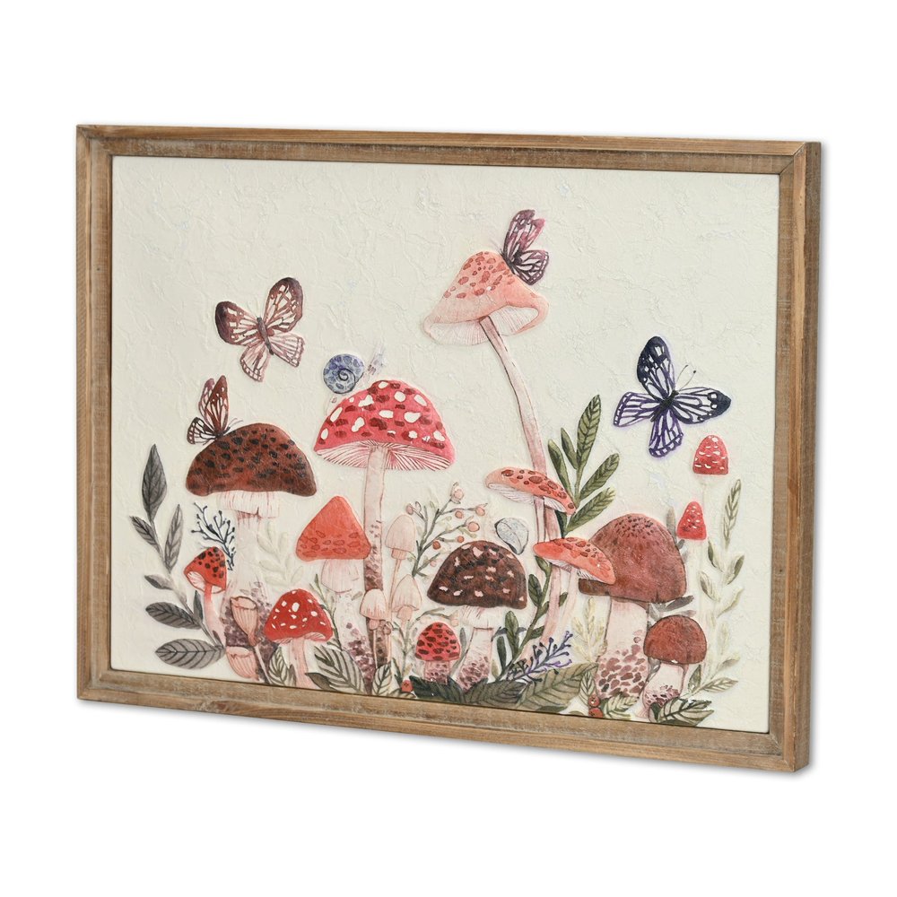 20" X 26" Natural And White Butterflies and Mushrooms Metal Framed Art
