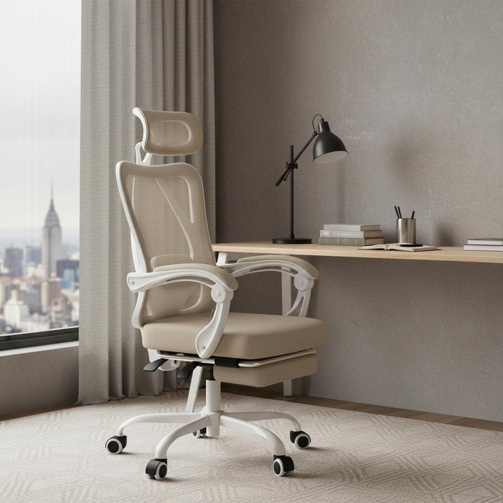 Beige White and Black Adjustable Height Swivel Rolling Office Chair