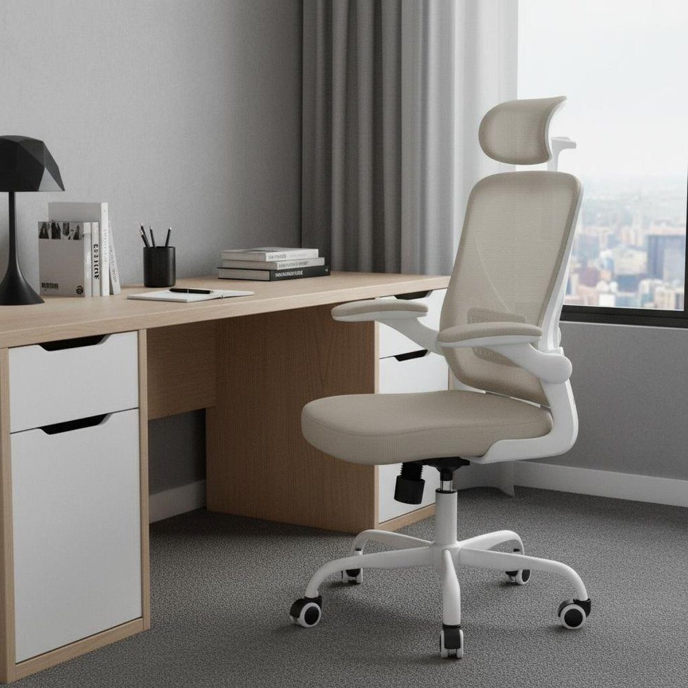 Beige White and Black Adjustable Height Swivel Rolling Office Chair