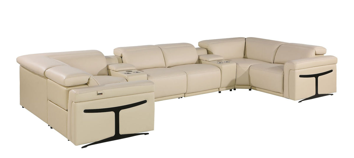 Beige Italian Leather Power Reclining U Shaped Eight Piece Corner Sectional With Console