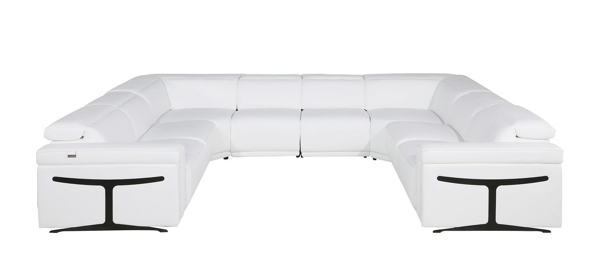 White Italian Leather Power Reclining U Shaped Eight Piece Corner Sectional With Console