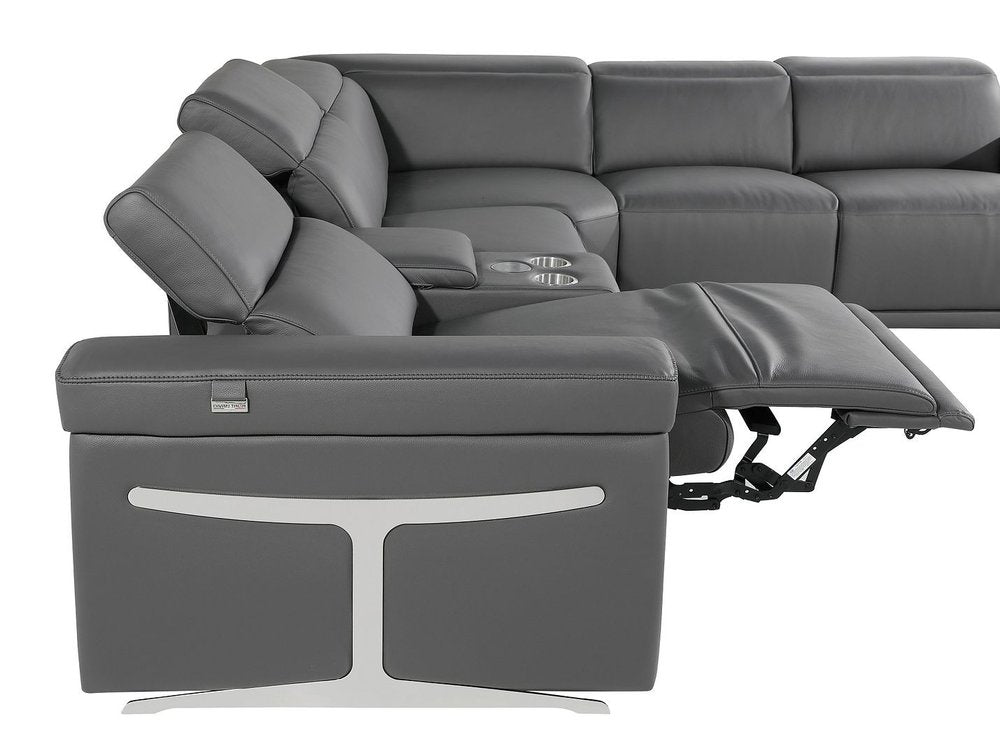 Dark Gray Italian Leather Power Reclining U Shaped Eight Piece Corner Sectional With Console