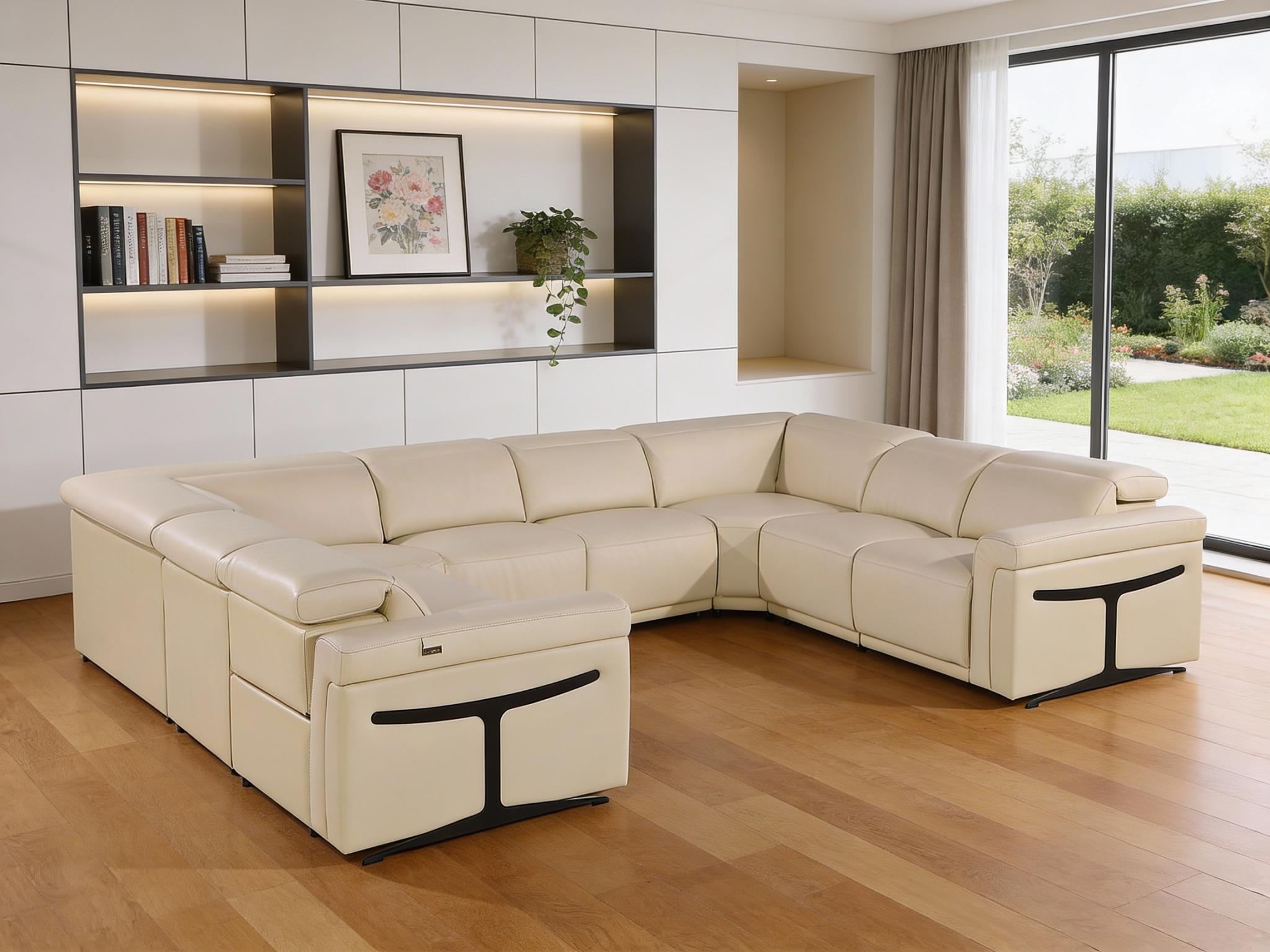 Beige Italian Leather Power Reclining U Shaped Eight Piece Corner Sectional With Console
