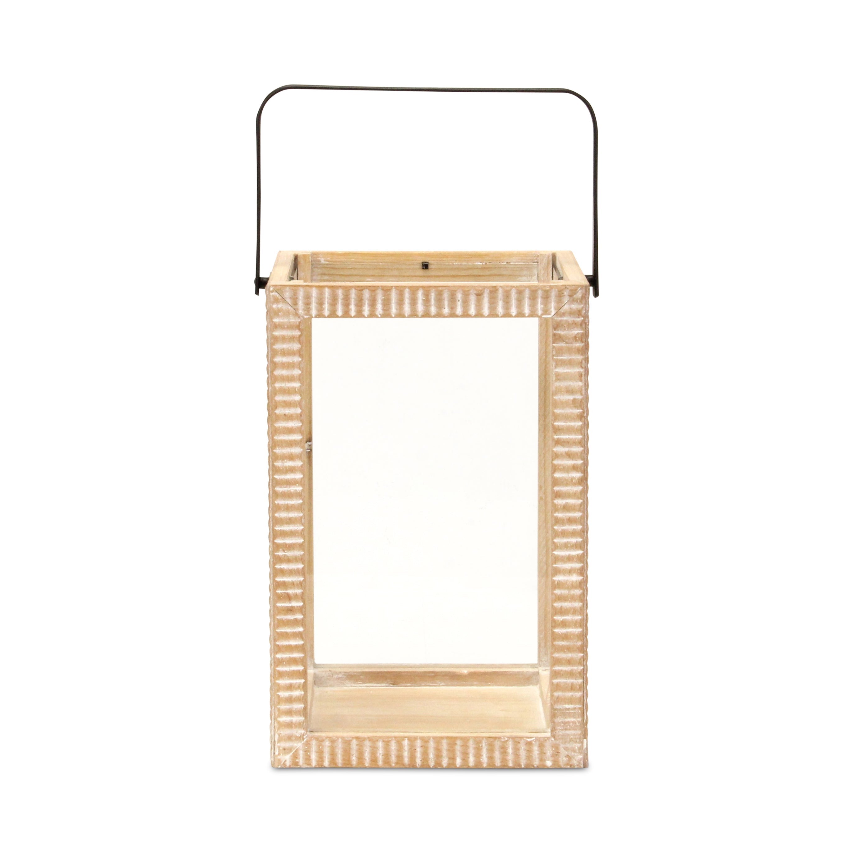 16" Clear And Natural Glass And Solid Wood Tabletop Lantern Candle Holder