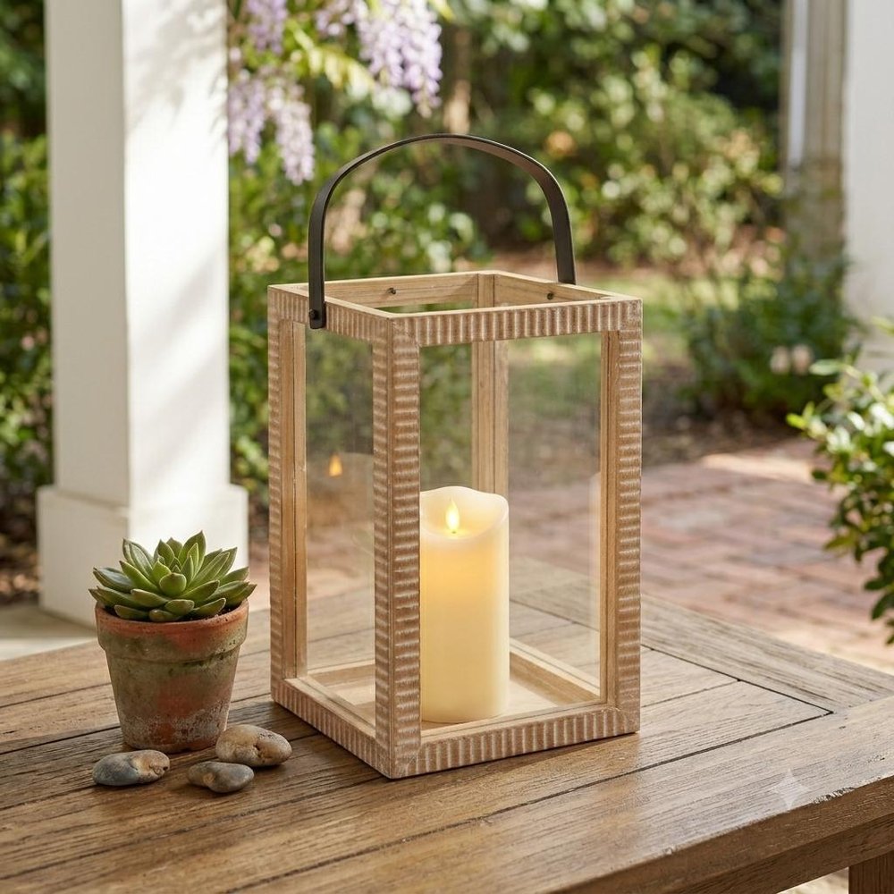 13" Natural Distressed Geometric Solid Wood Tabletop Lantern Candle Holder