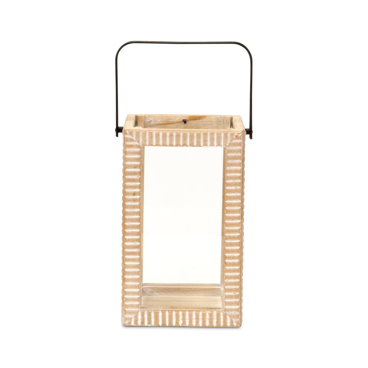 13" Natural Distressed Geometric Solid Wood Tabletop Lantern Candle Holder