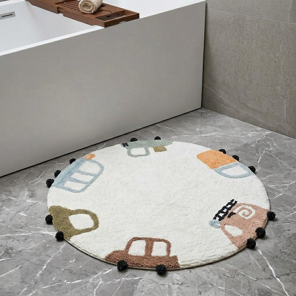 32" Blue Green And White Cotton Cars Round Youthful Bath Rug