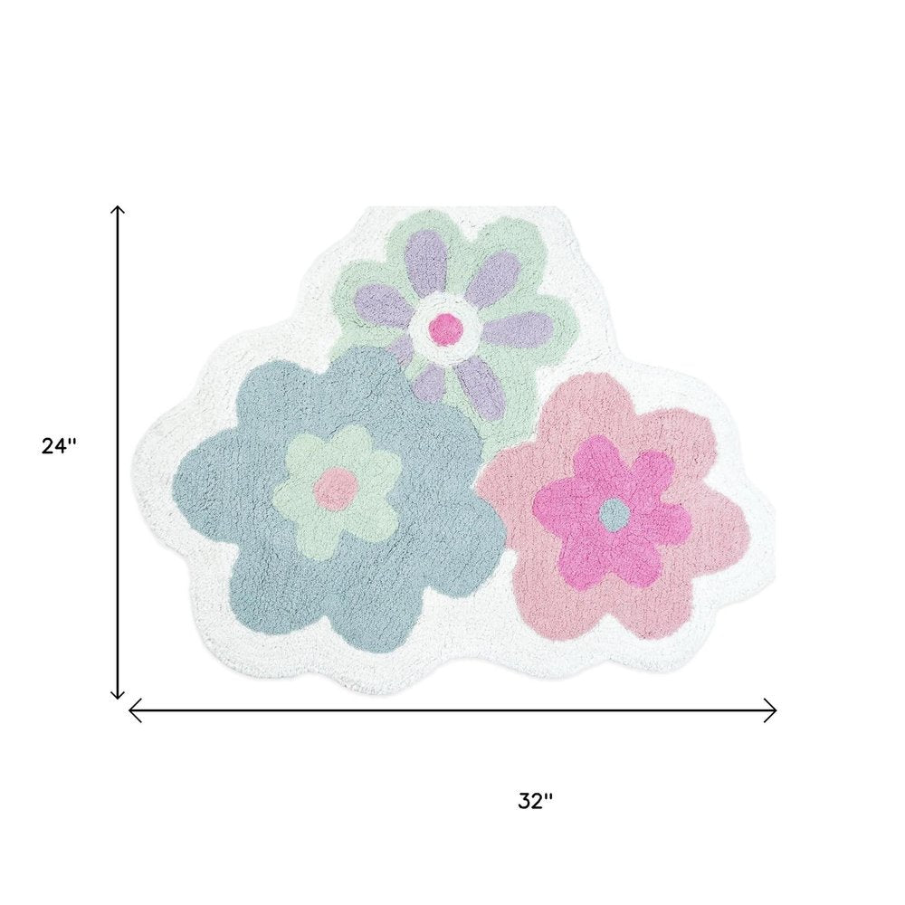 32" Pink And White Cotton Flower Trio Floral Bath Rug