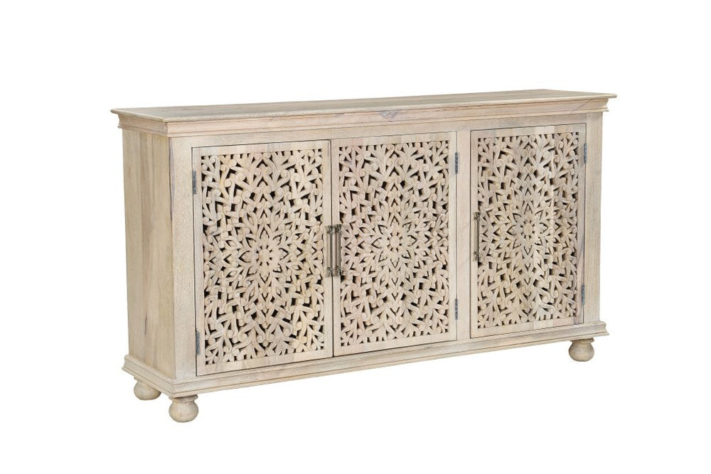 72" White Solid Wood Carved Floral Sideboard With Three Doors