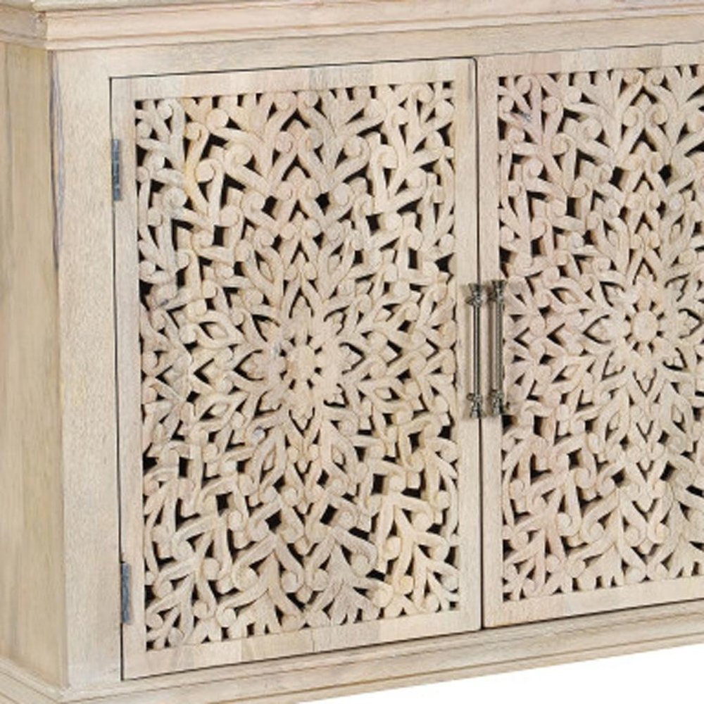 72" White Solid Wood Carved Floral Sideboard With Three Doors
