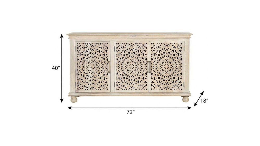 72" White Solid Wood Carved Floral Sideboard With Three Doors