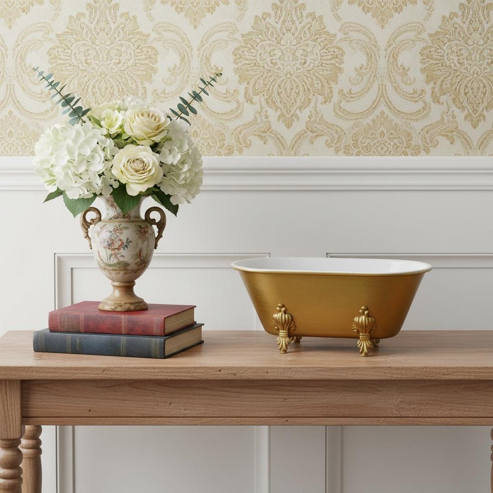 12" Gold And White Metal Hand Painted Decorative Tub