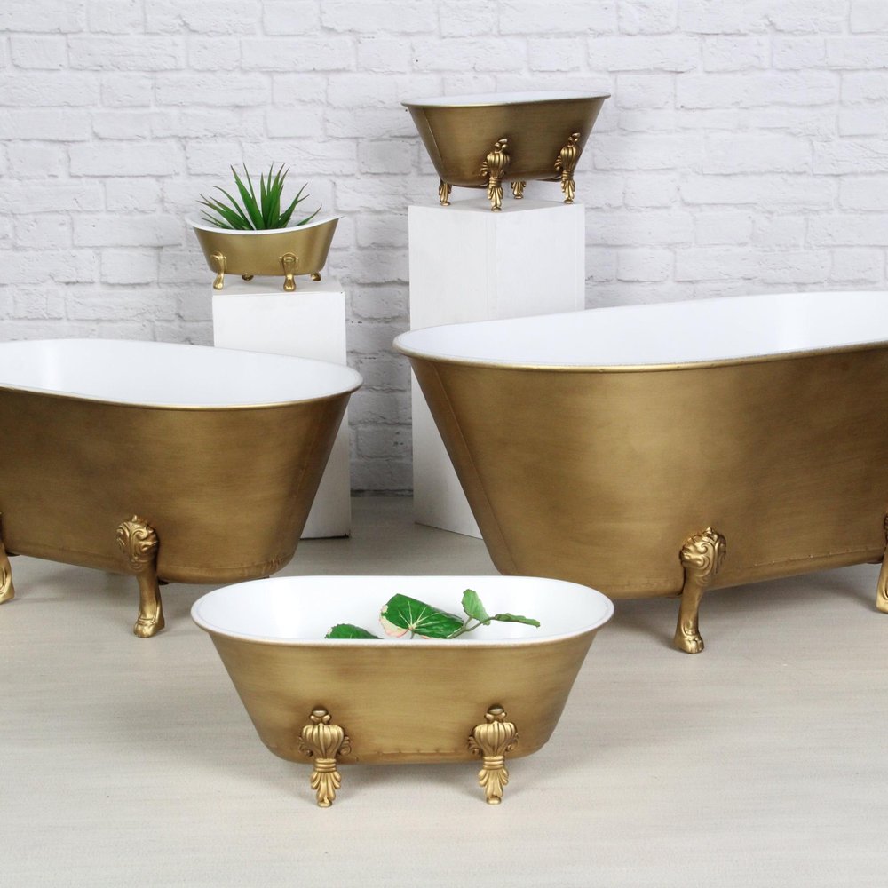 12" Gold And White Metal Hand Painted Decorative Tub