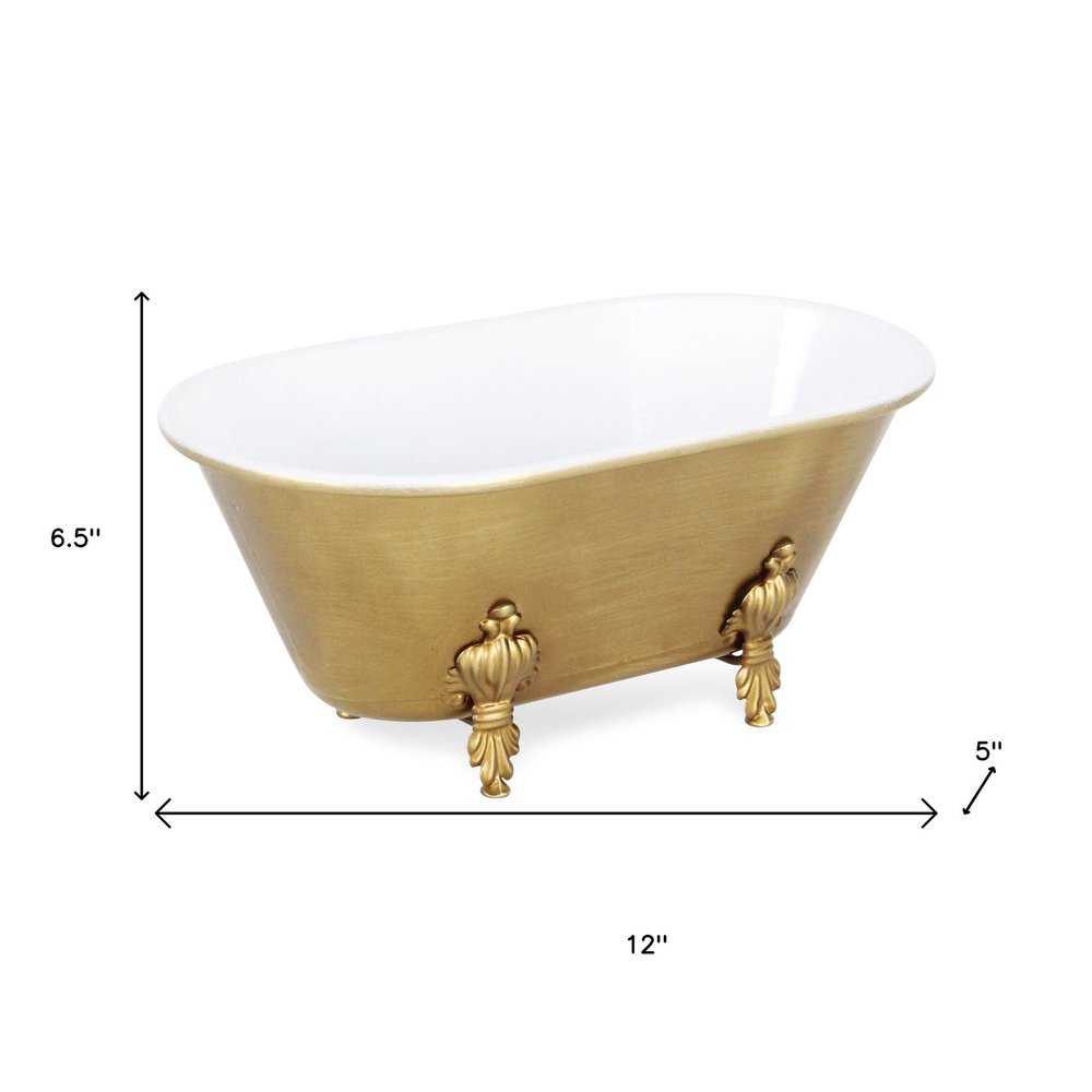 12" Gold And White Metal Hand Painted Decorative Tub