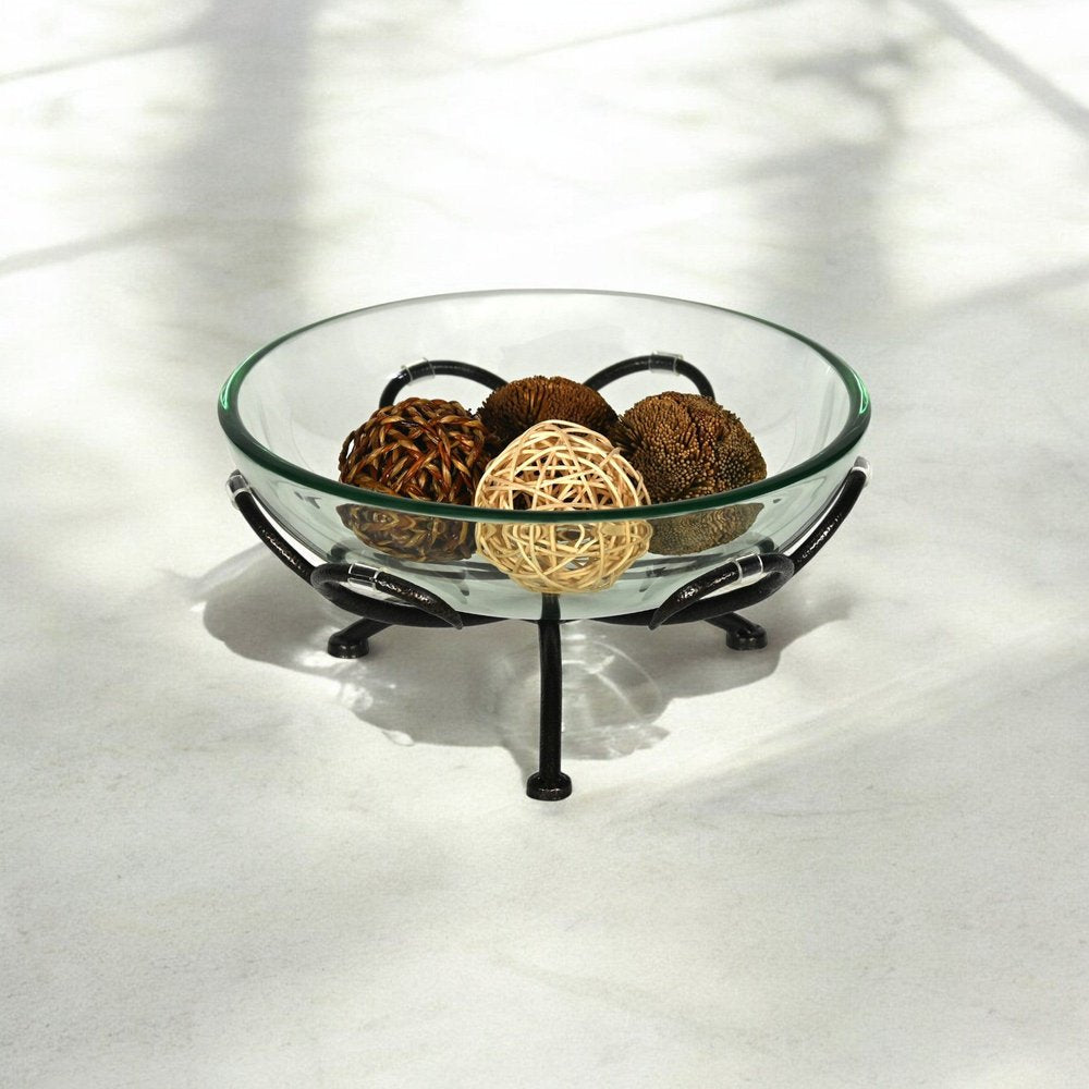 13" Clear And Black Glass And Metal Round Decorative Bowl With Stand