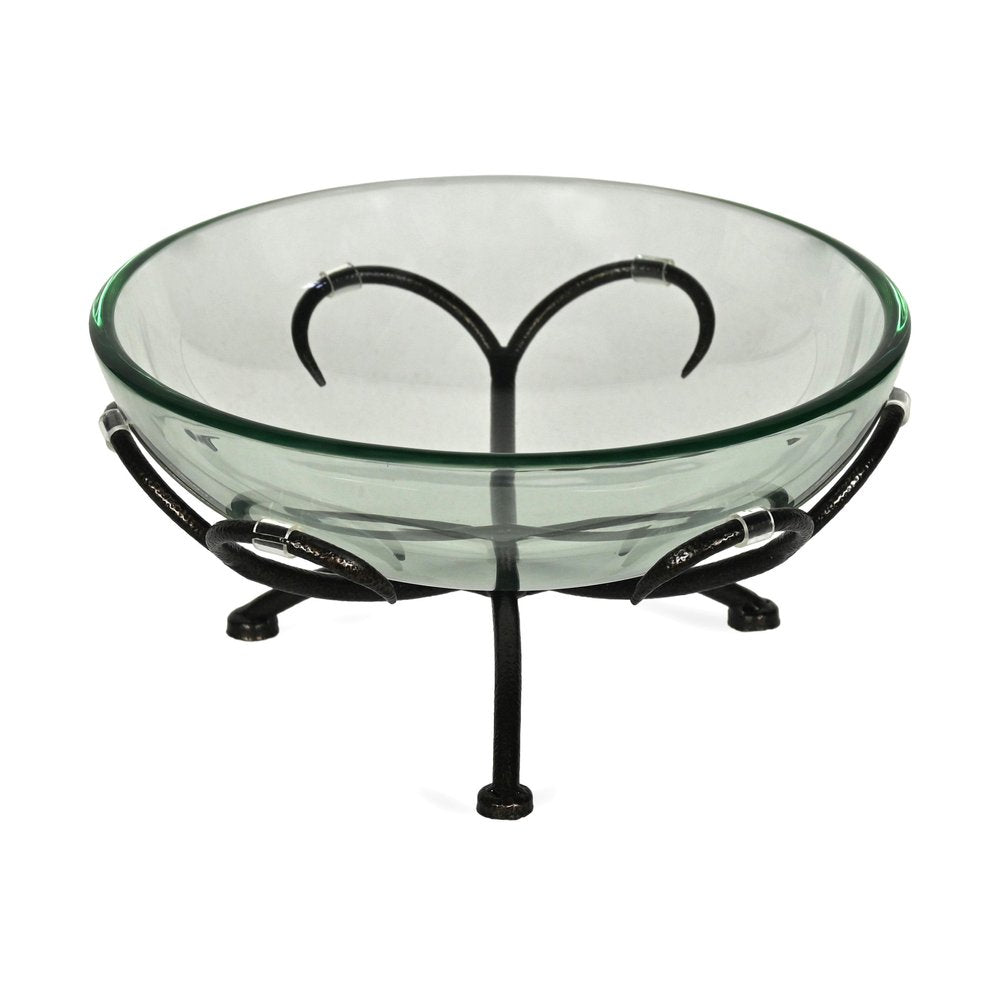 13" Clear And Black Glass And Metal Round Decorative Bowl With Stand