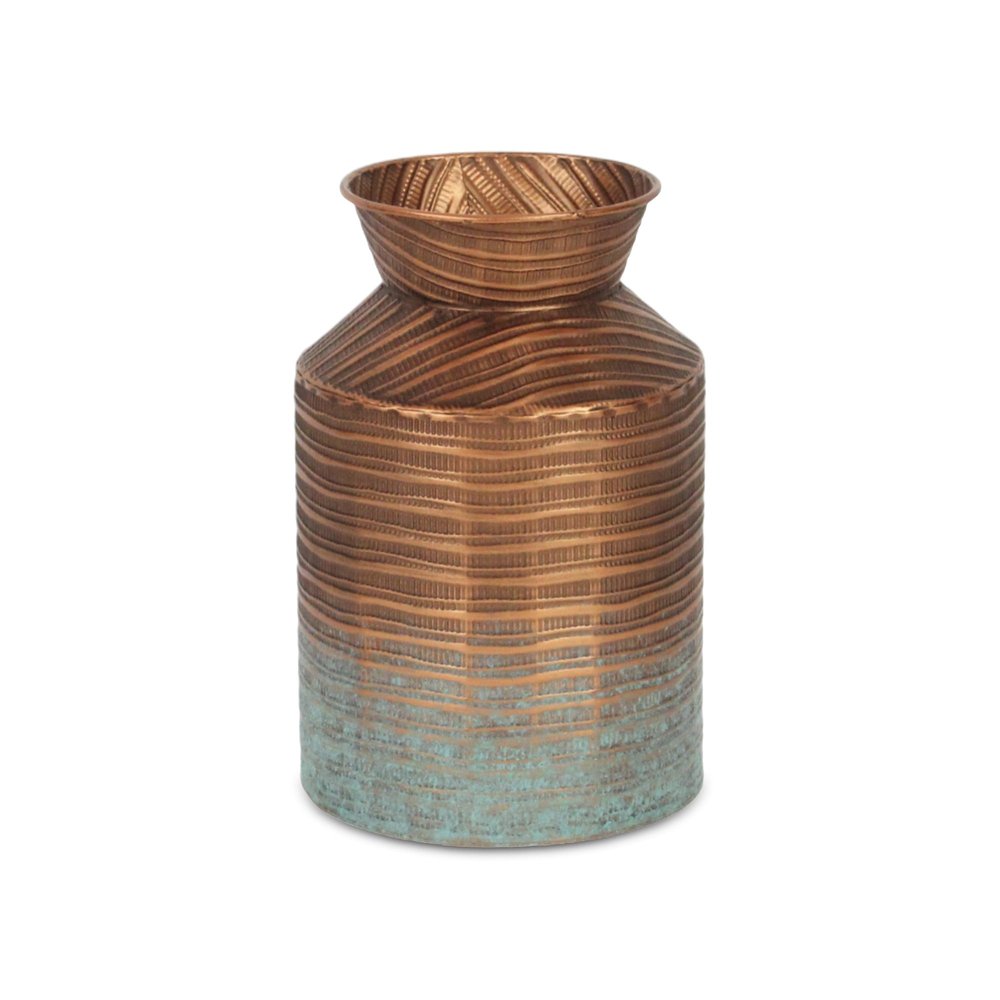 9" Copper Hammered Metal Cylinder Jug Vase With Sculptural Details
