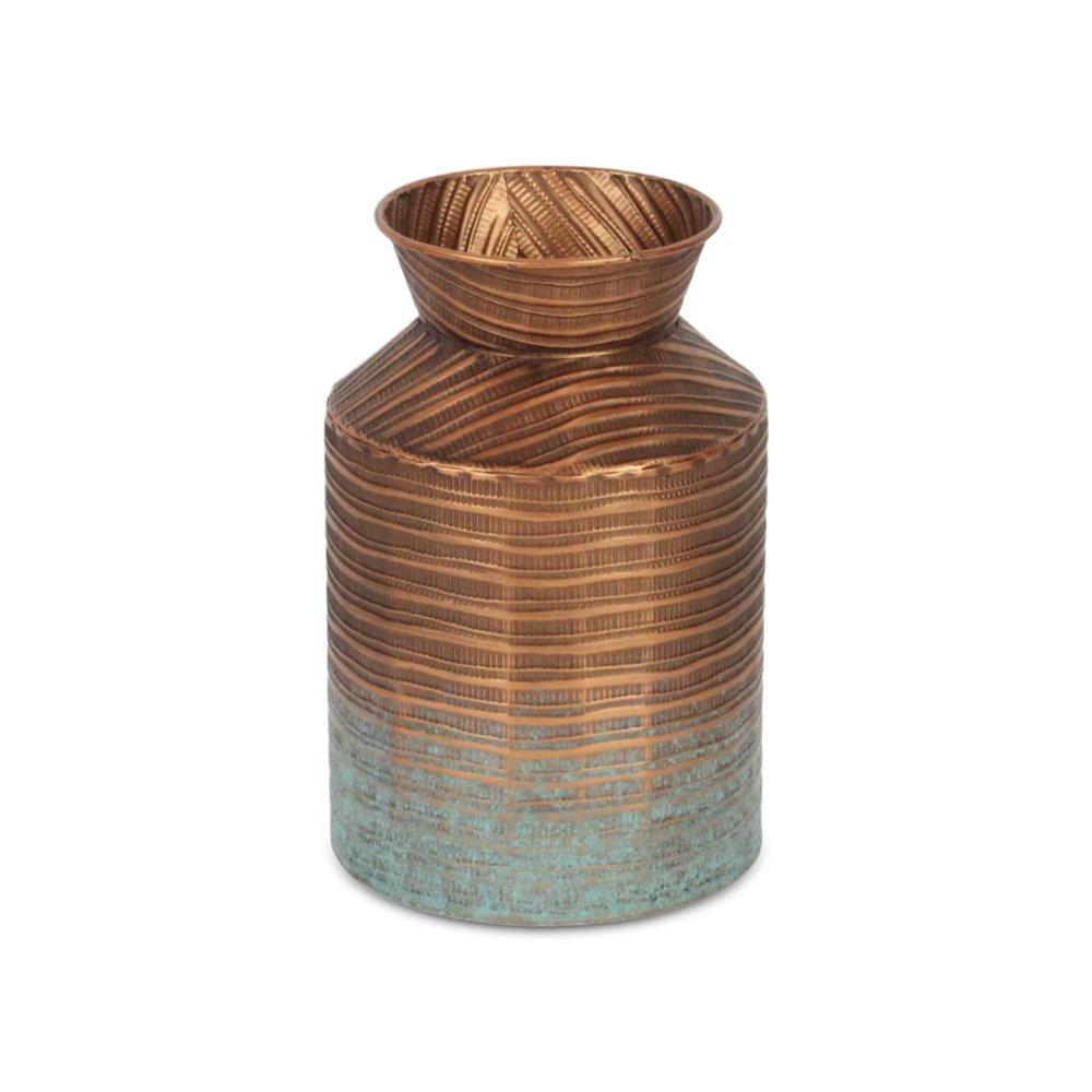 9" Copper Hammered Metal Cylinder Jug Vase With Sculptural Details