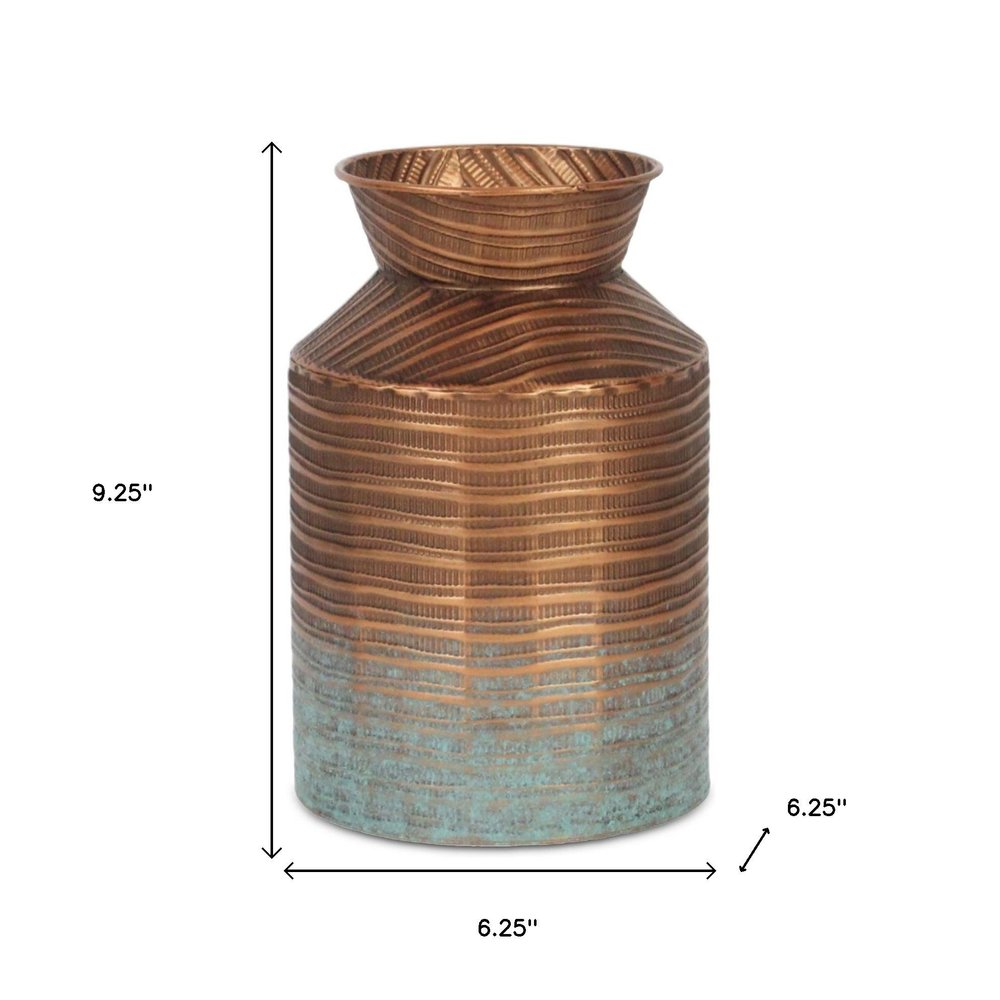 9" Copper Hammered Metal Cylinder Jug Vase With Sculptural Details