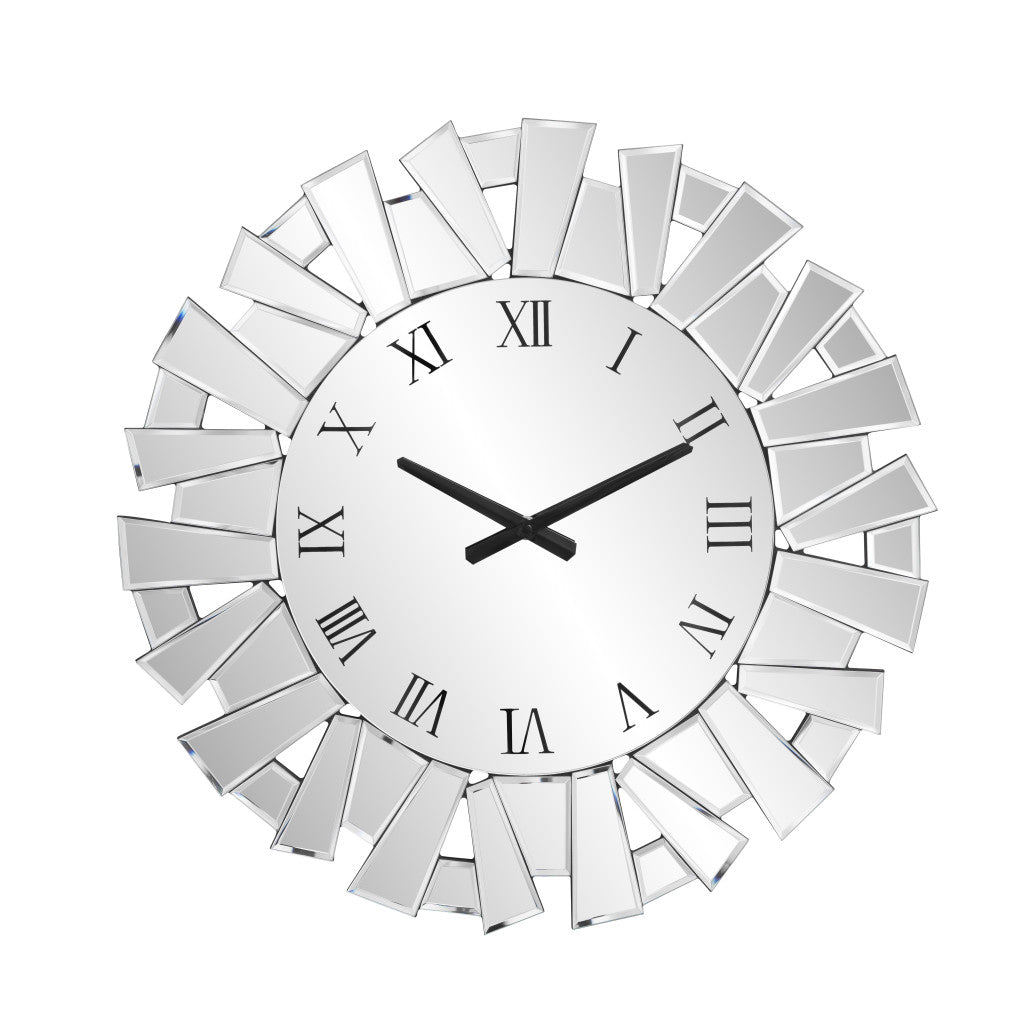 27" Silver Mirrored Glass Silent Analog Sunburst Wall Clock