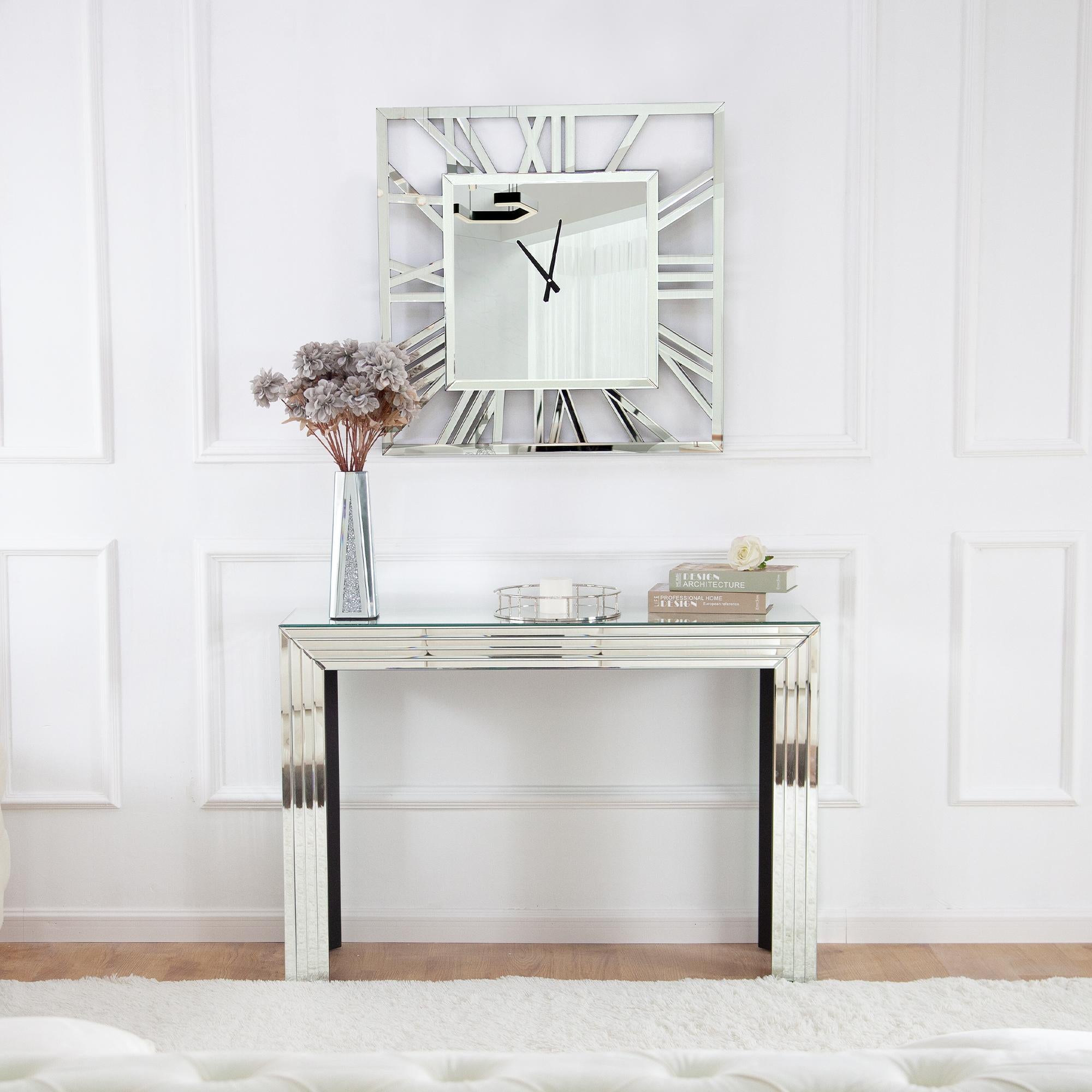 27" Silver Mirrored Glass Silent Analog Square Wall Clock