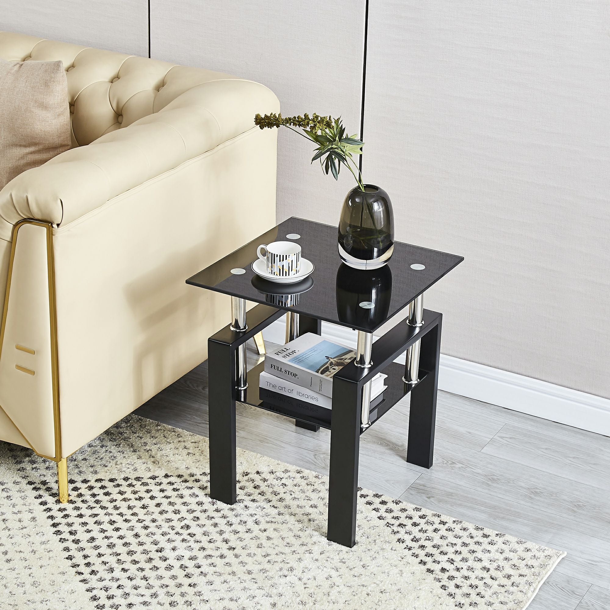 Set of Two Black Glass and Steel Square End Tables With Shelf