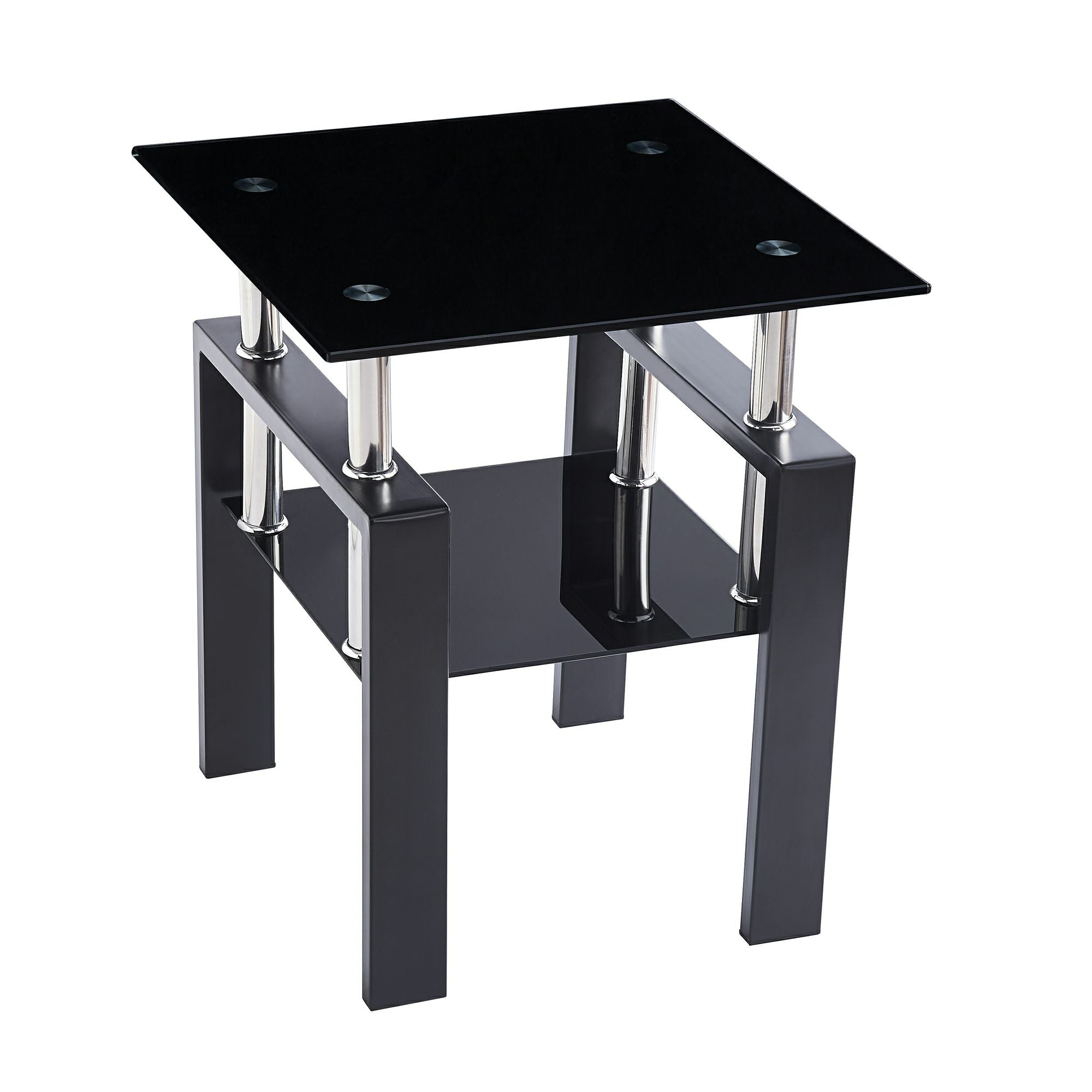 Set of Two Black Glass and Steel Square End Tables With Shelf